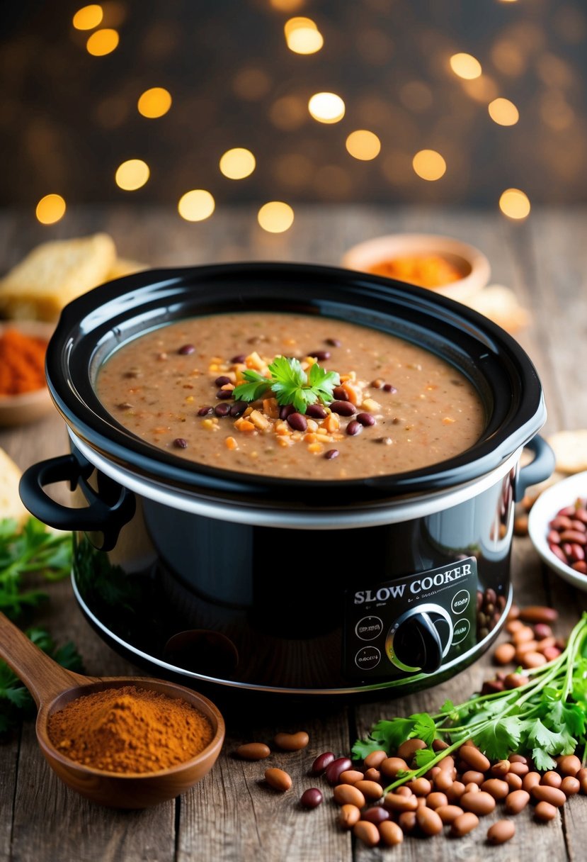 A slow cooker filled with creamy black bean soup surrounded by beans and spices