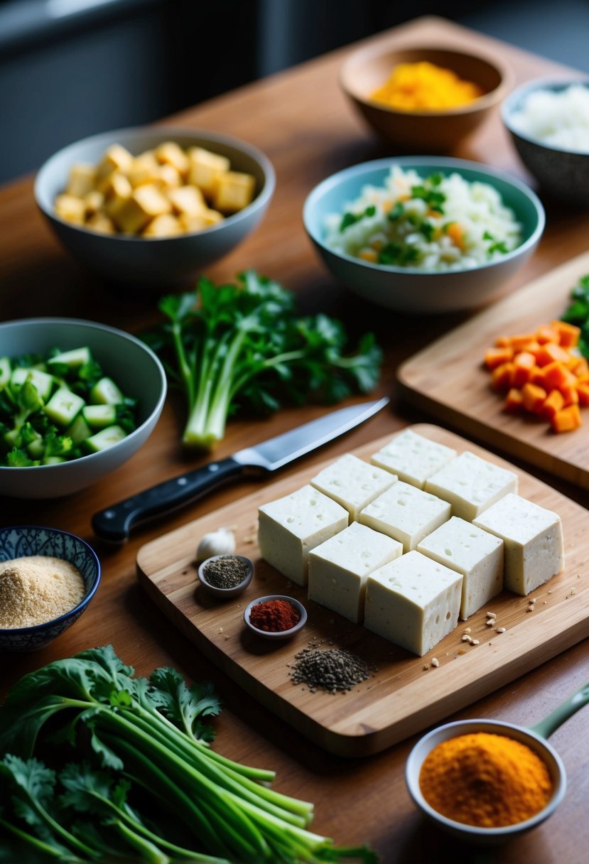 A table set with various ingredients such as tofu, vegetables, and seasonings, alongside a cutting board and knife