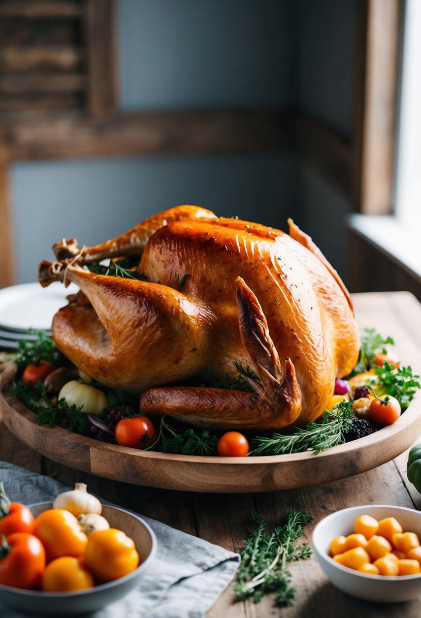 A golden brown roast turkey surrounded by herbs and vegetables on a rustic wooden platter