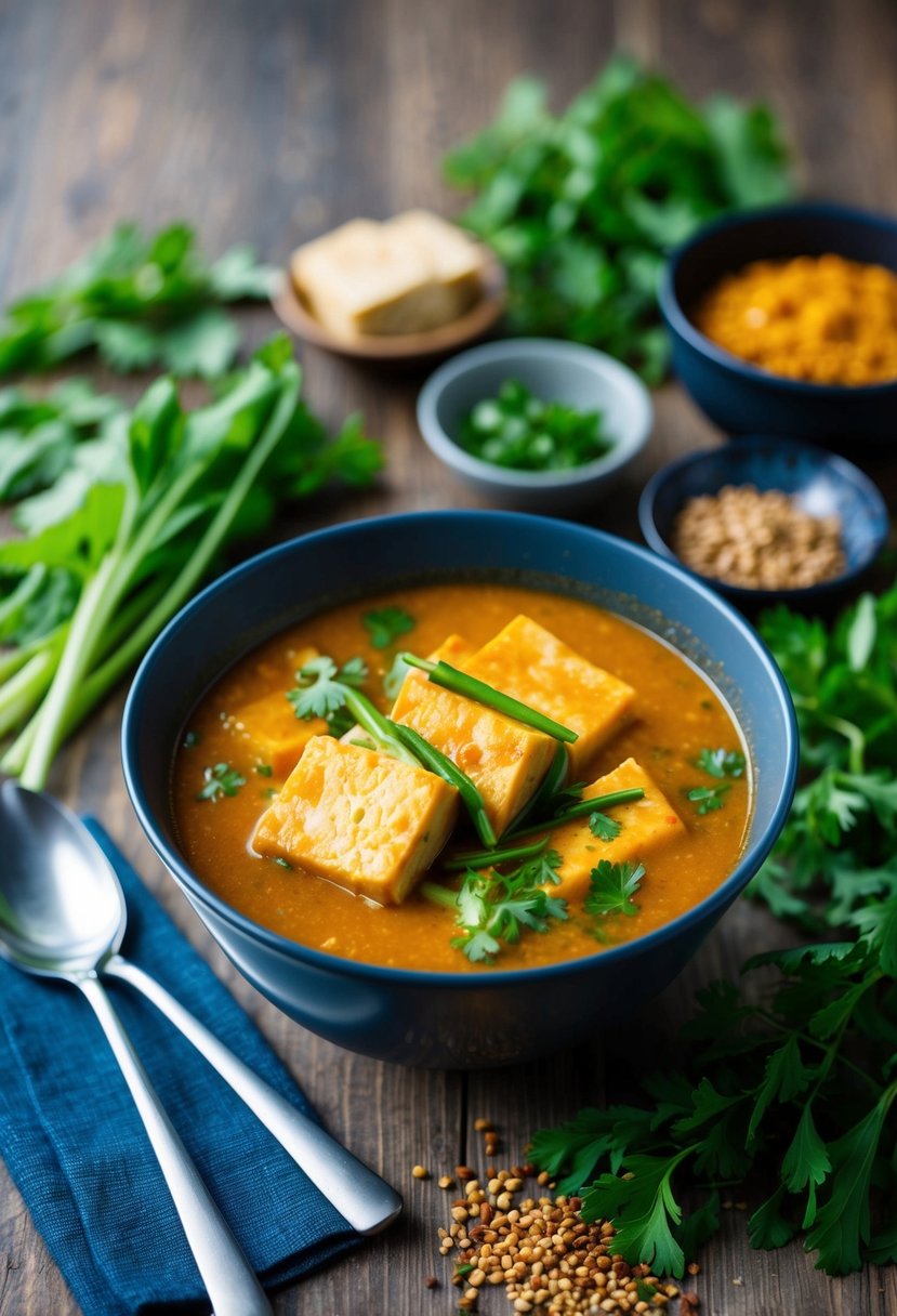 A steaming bowl of Spicy Thai Tofu Soup surrounded by fresh herbs and spices