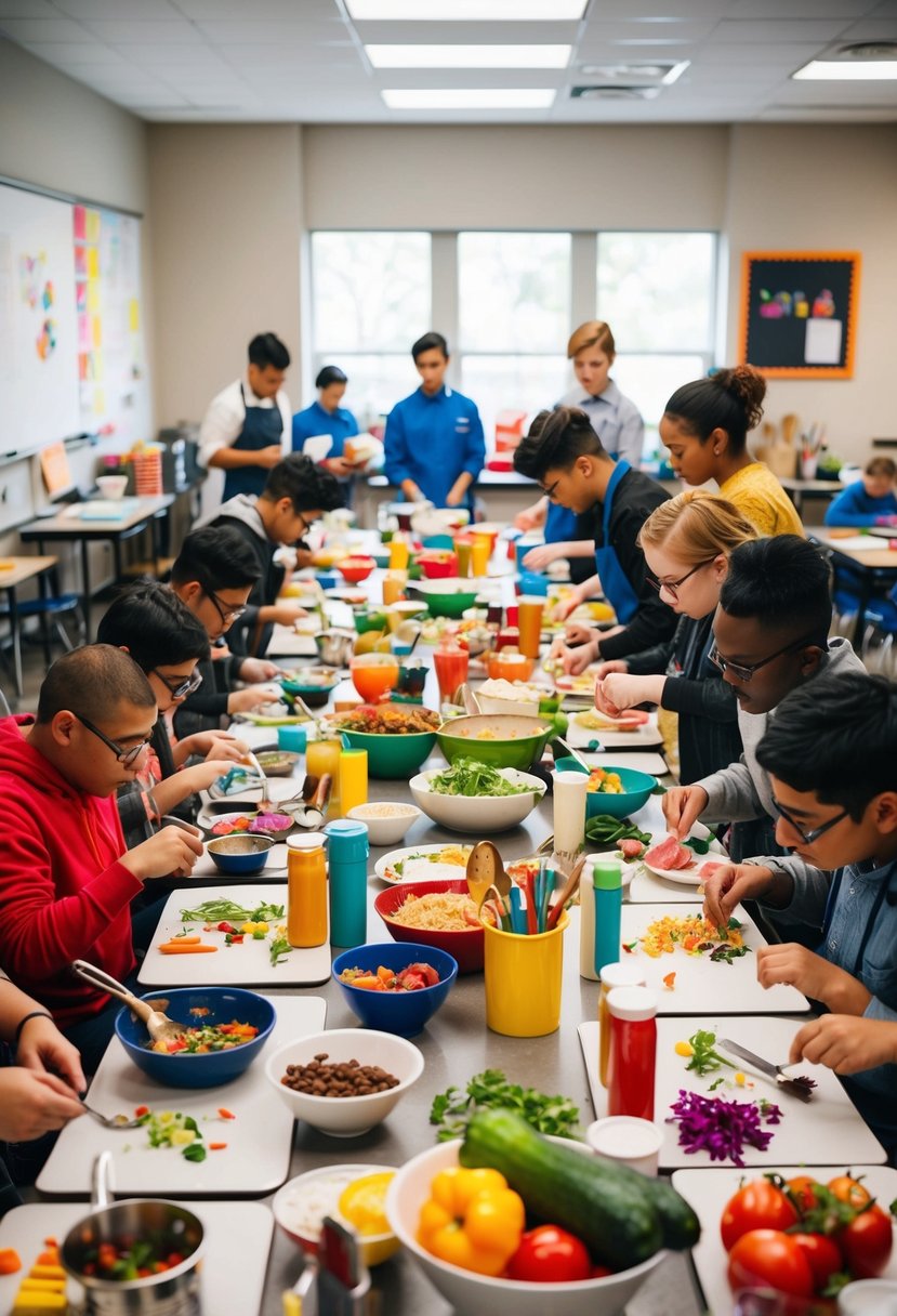 A classroom filled with colorful ingredients and cooking utensils, with students of varying abilities working together to create special recipes