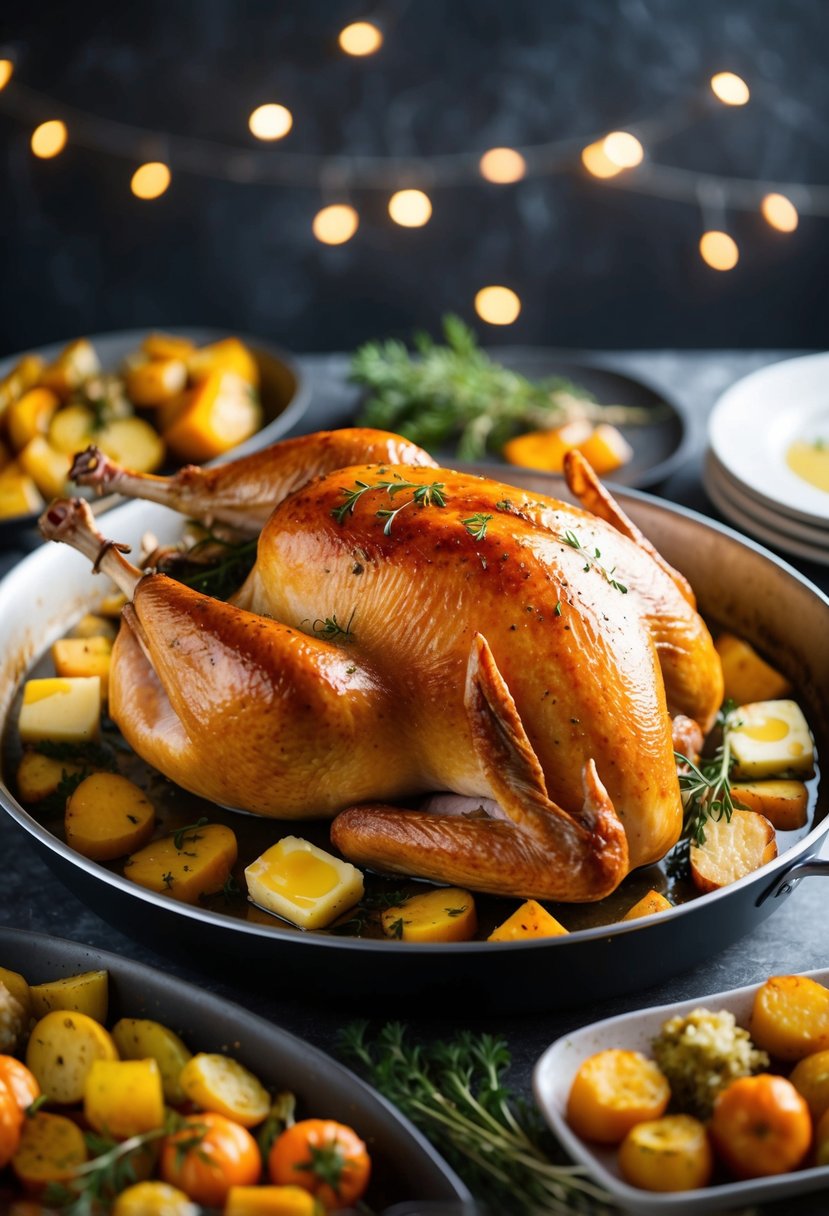 A golden-brown turkey roasting in a large pan, basted with melted butter and herbs, surrounded by roasting vegetables