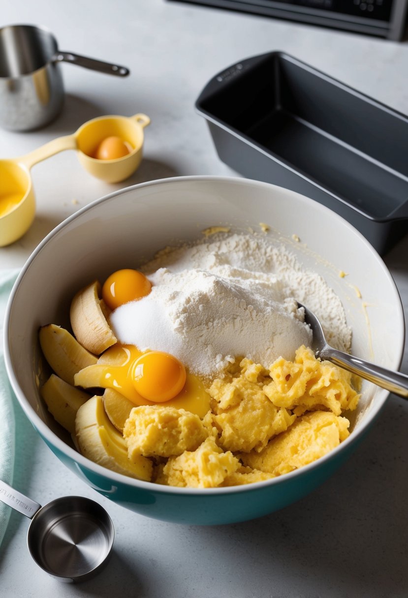 A mixing bowl filled with mashed bananas, flour, eggs, and sugar, surrounded by measuring cups and a loaf pan on a kitchen counter