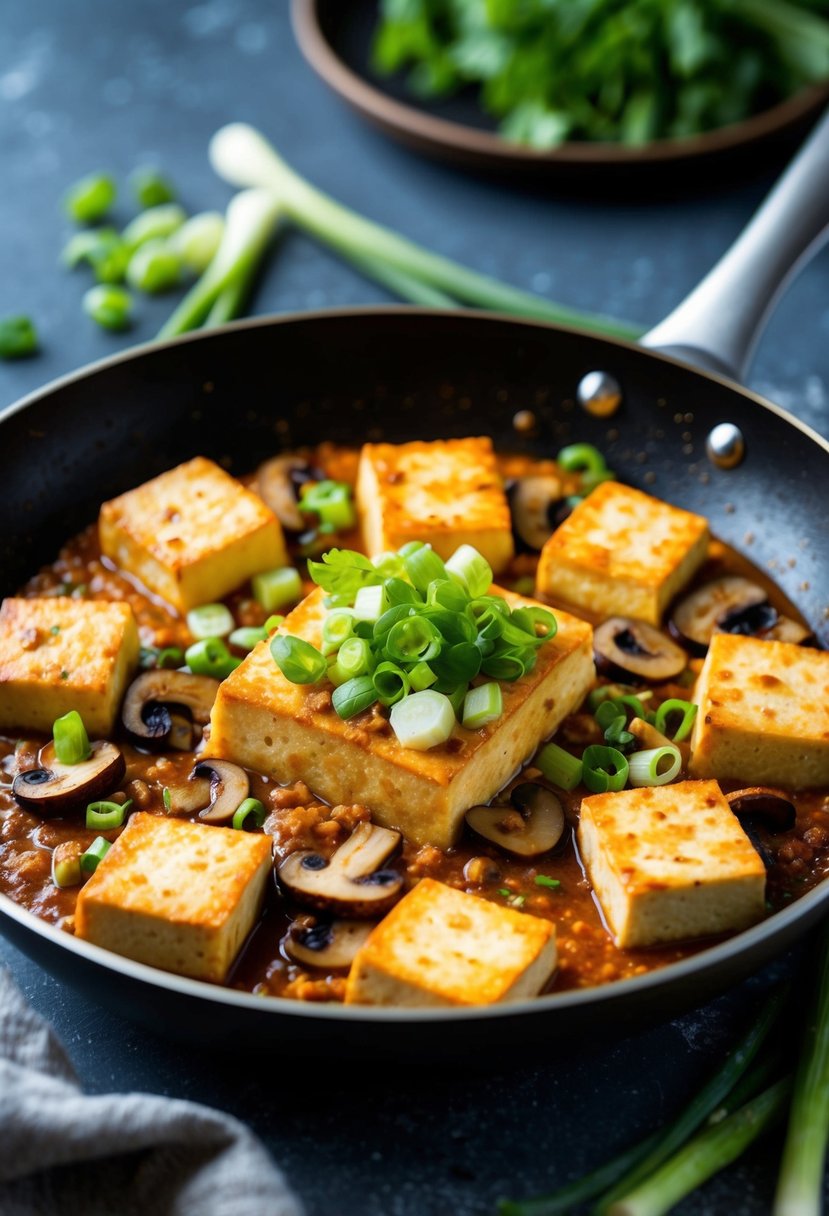 A sizzling pan of Vegan Mapo Tofu with soft tofu, mushrooms, and spicy sauce, garnished with fresh green onions