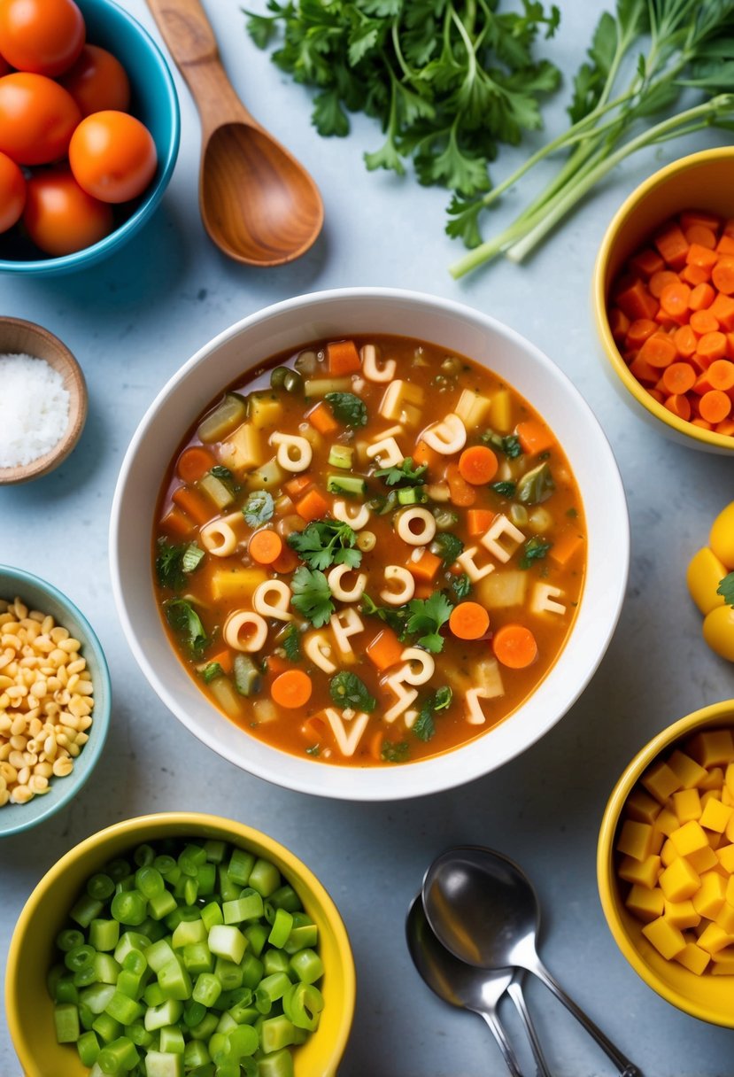 A colorful bowl of alphabet soup surrounded by various ingredients and kitchen utensils