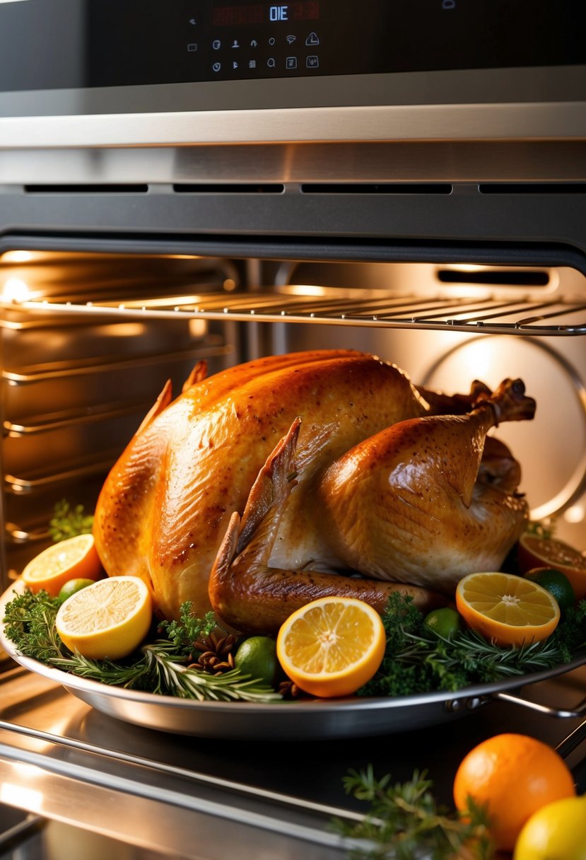 A golden-brown turkey surrounded by fresh citrus fruits and aromatic herbs, roasting in a gleaming oven