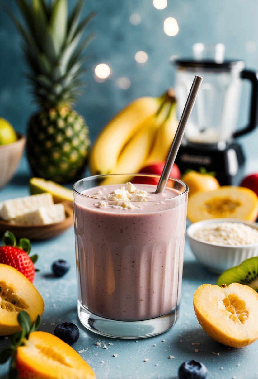 A glass filled with a smoothie made from silken tofu, surrounded by fresh fruits and a blender