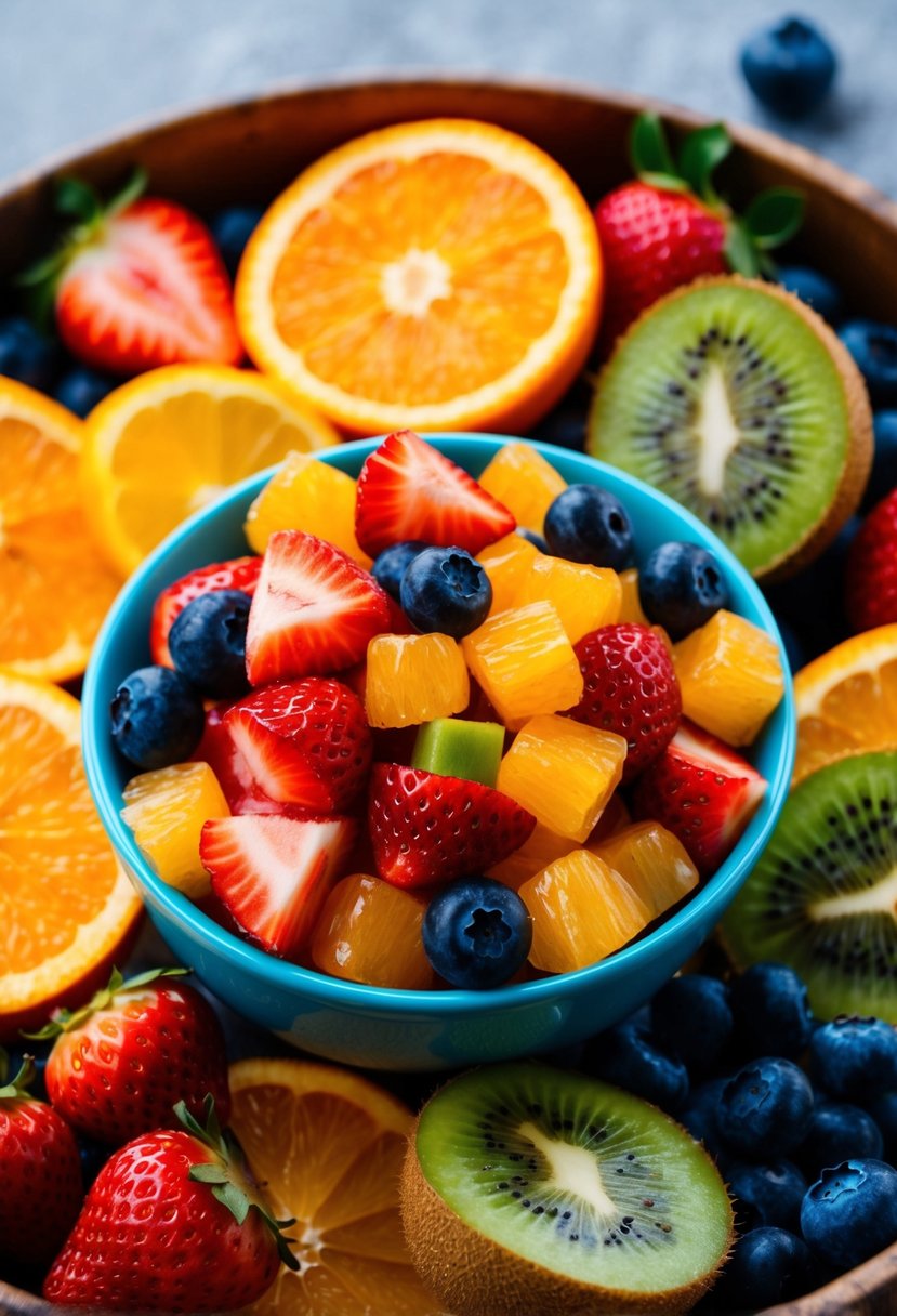 A vibrant assortment of diced fruits arranged in a bowl, including strawberries, oranges, kiwi, and blueberries