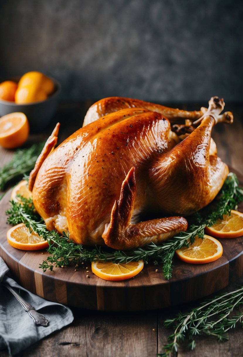 A golden-brown whole roast turkey glistening with maple glaze, surrounded by sprigs of fresh herbs and slices of citrus fruit on a rustic wooden platter