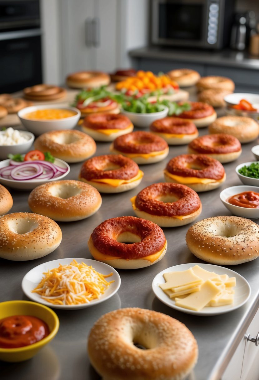 A colorful array of bagels, sauce, cheese, and assorted toppings spread out on a kitchen counter, ready to be assembled into DIY pizza bagels