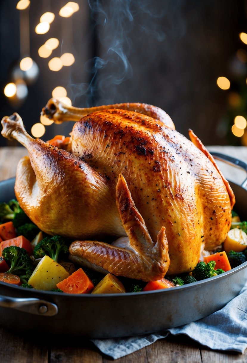 A golden-brown whole turkey, glistening with smoky paprika seasoning, sits on a bed of roasted vegetables in a rustic roasting pan