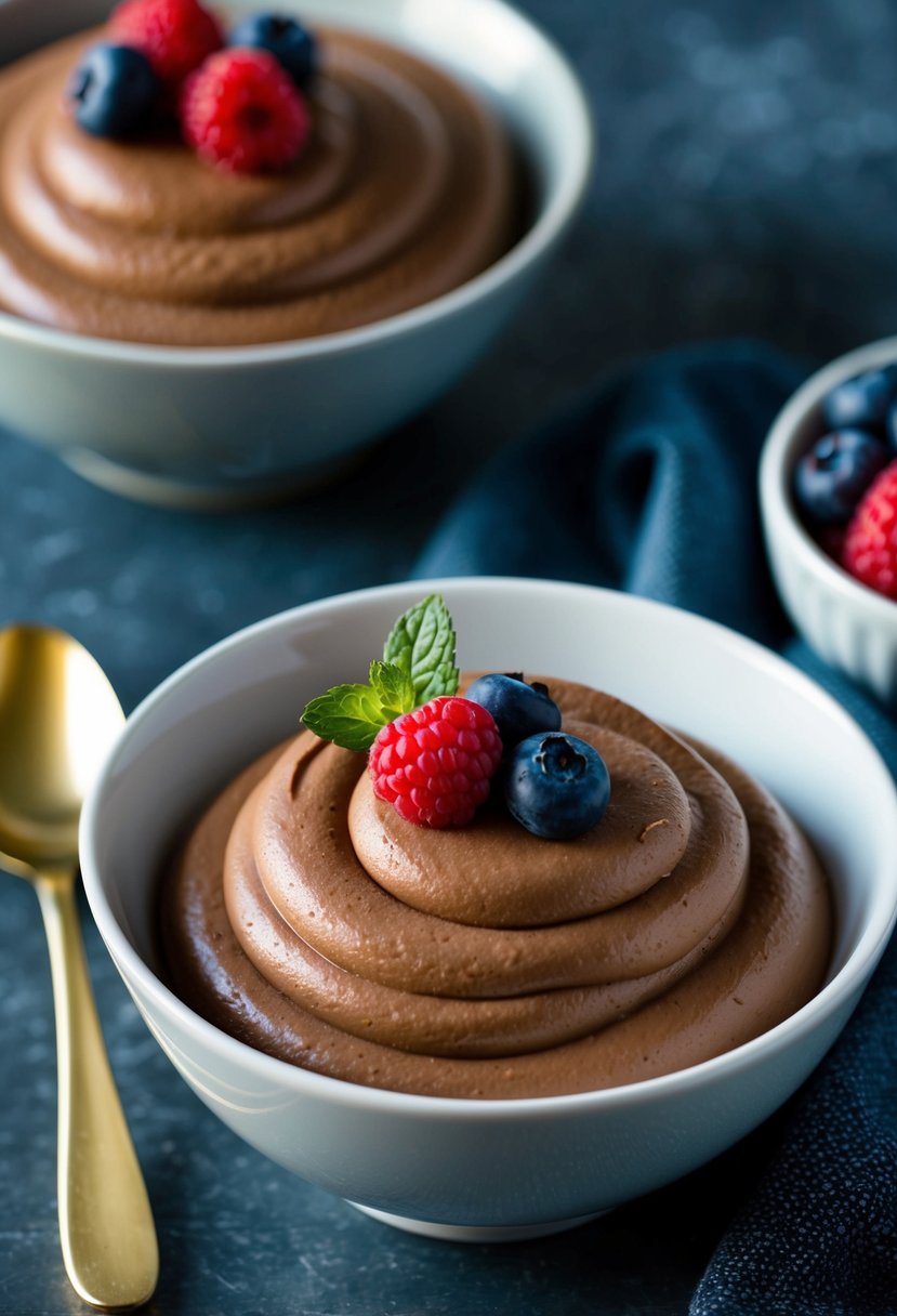 A bowl of creamy chocolate mousse made from soft tofu, garnished with fresh berries and a sprig of mint