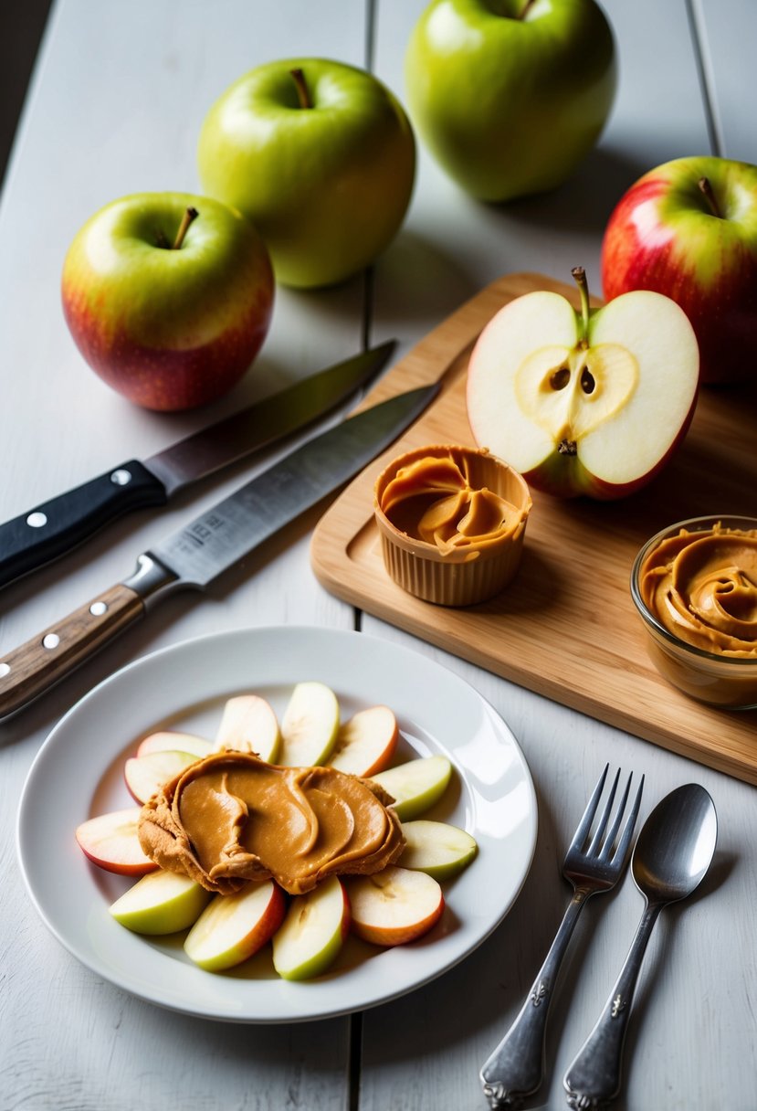 A table with ingredients: apples, peanut butter, knife, cutting board, and a plate of sliced apples with peanut butter