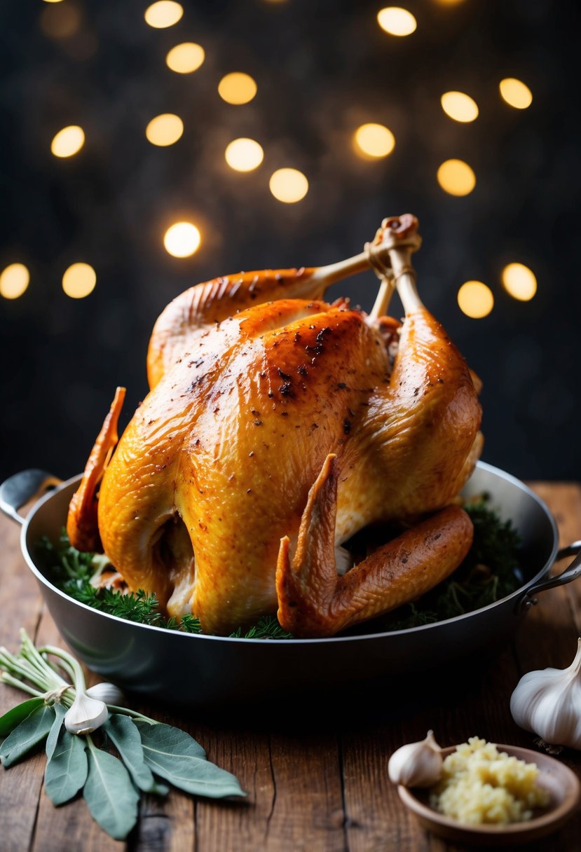 A golden-brown turkey roasting in a large pan, infused with aromatic garlic and sage