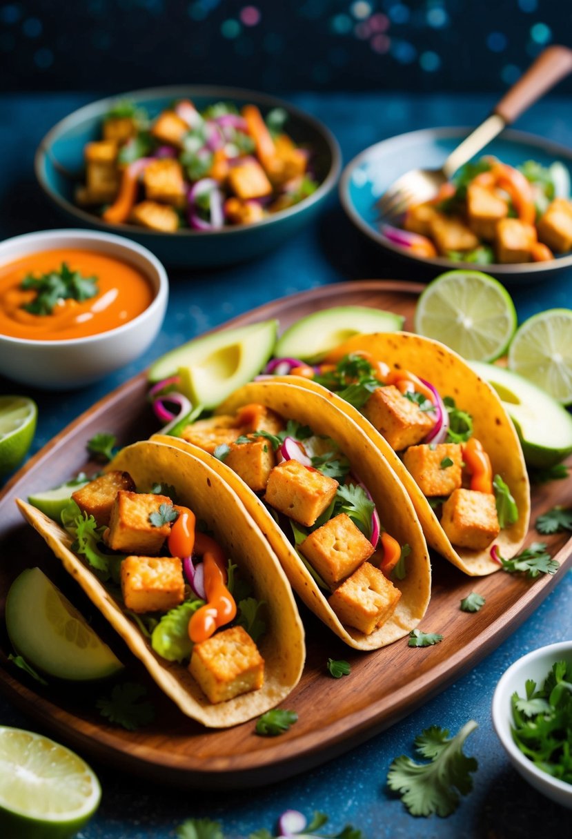 A colorful spread of crispy tofu tacos with fresh vegetables and vibrant sauces on a wooden serving platter