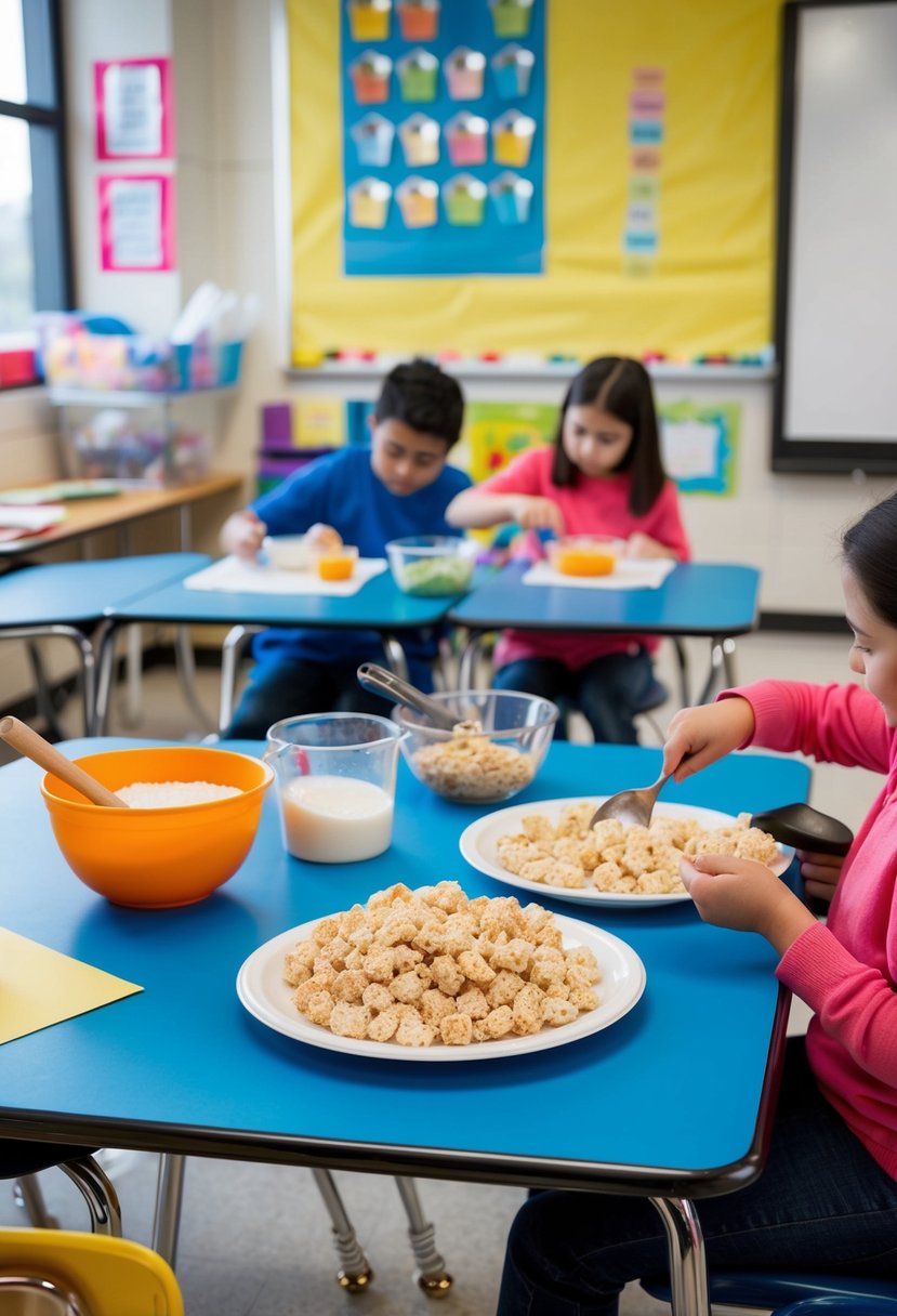 A table with ingredients and cooking utensils for making Rice Crispy Treats, set up in a classroom for special education students