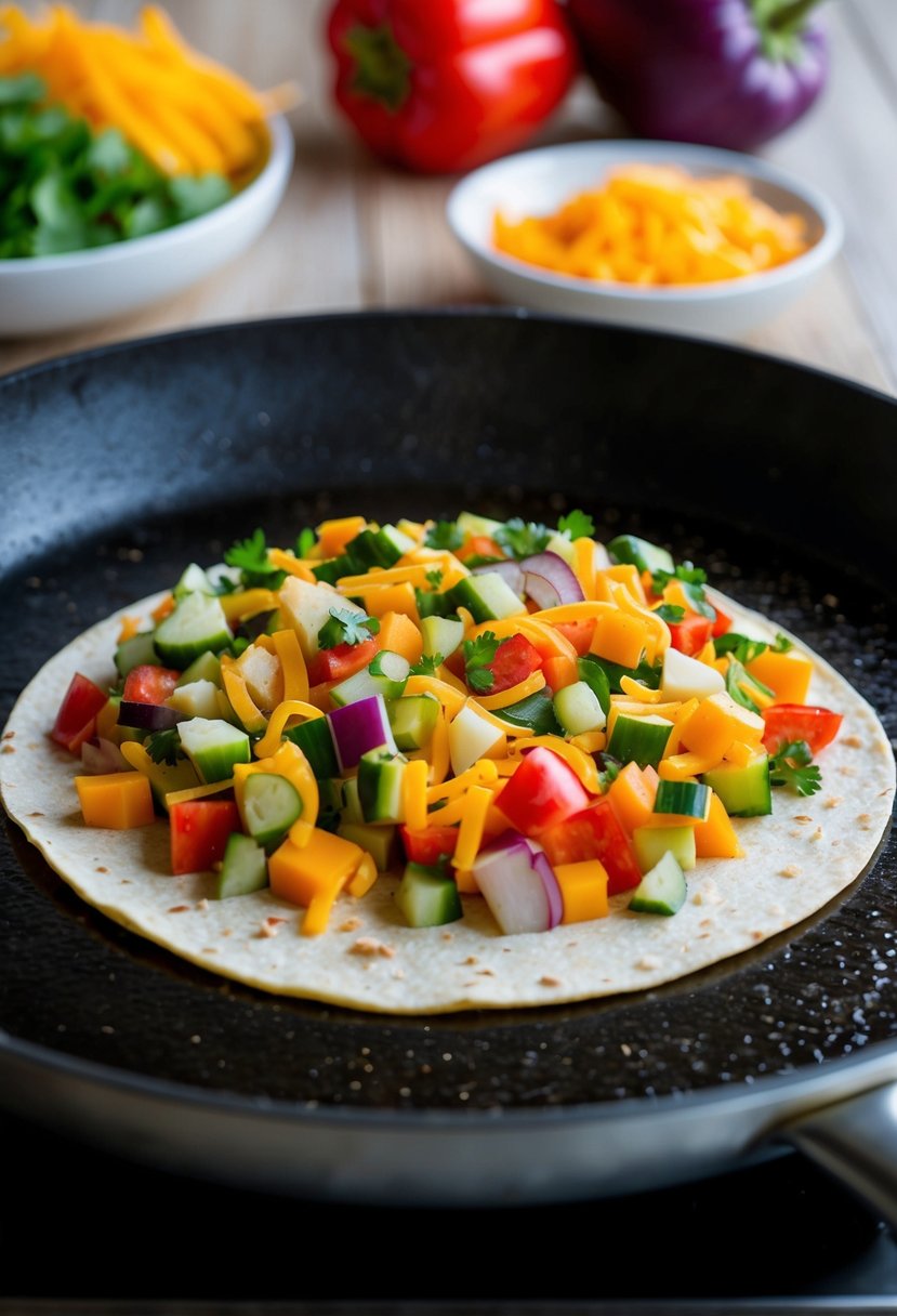 A colorful array of chopped vegetables and cheese on a tortilla, ready to be folded and cooked on a sizzling skillet