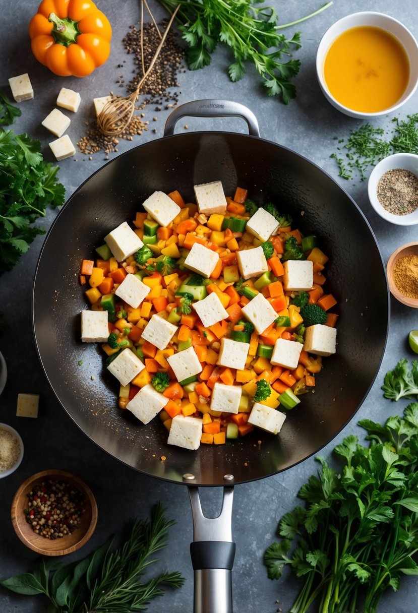 A sizzling wok filled with colorful diced vegetables and cubes of soft tofu, surrounded by an array of aromatic herbs and spices