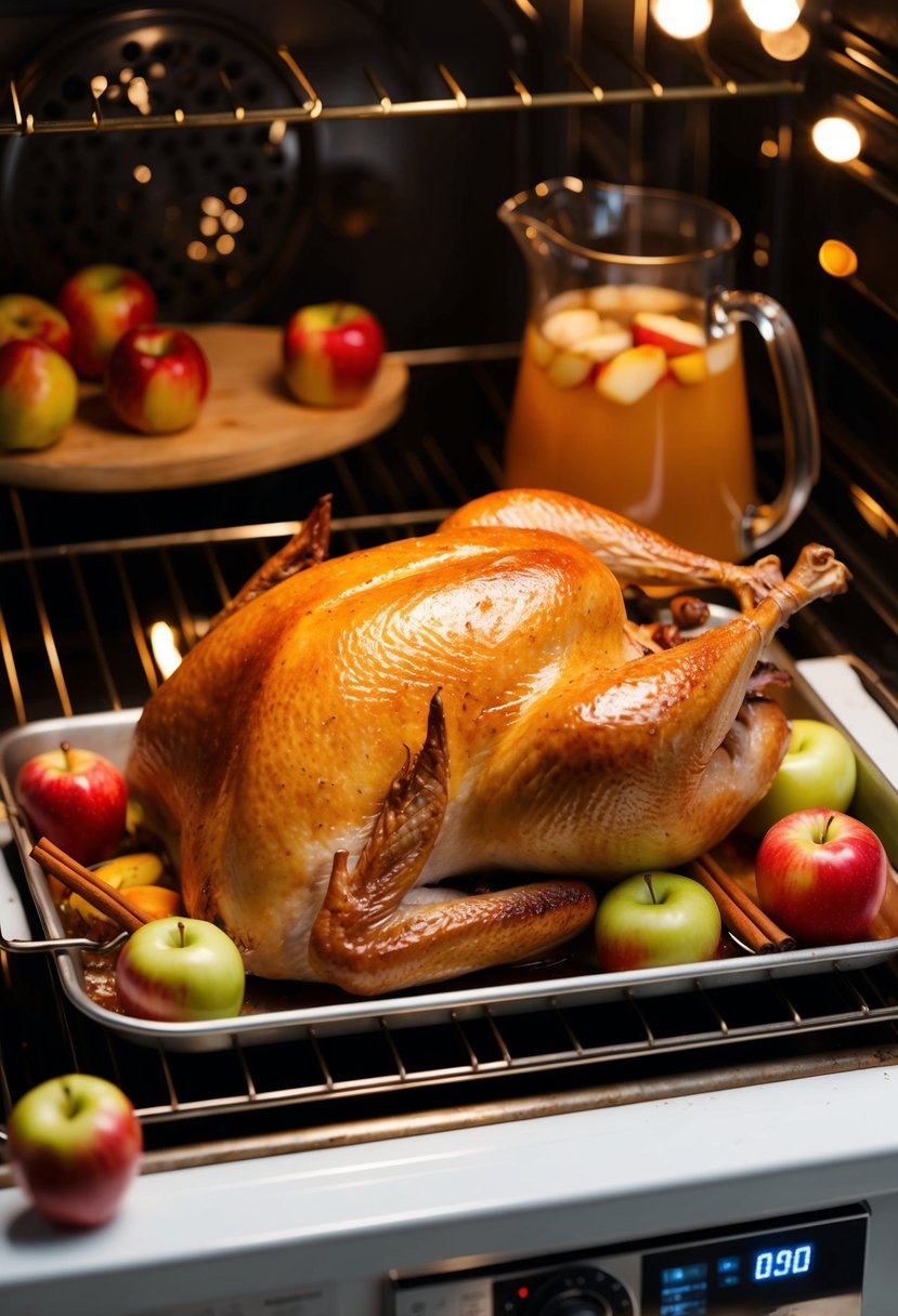 A golden brown turkey roasting in the oven, surrounded by fresh apples, cinnamon sticks, and a pitcher of apple cider