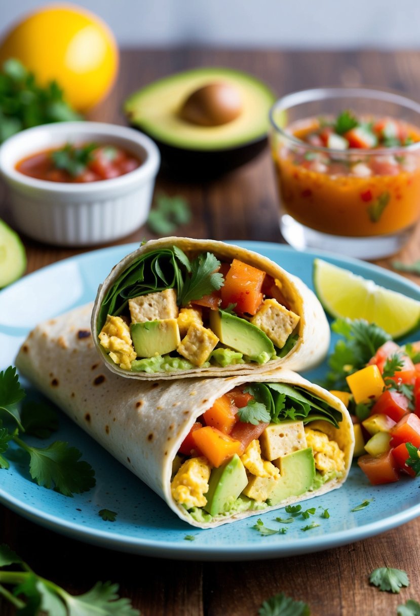 A colorful breakfast wrap filled with tofu scramble, avocado, and fresh vegetables, with a side of salsa and a sprinkle of herbs