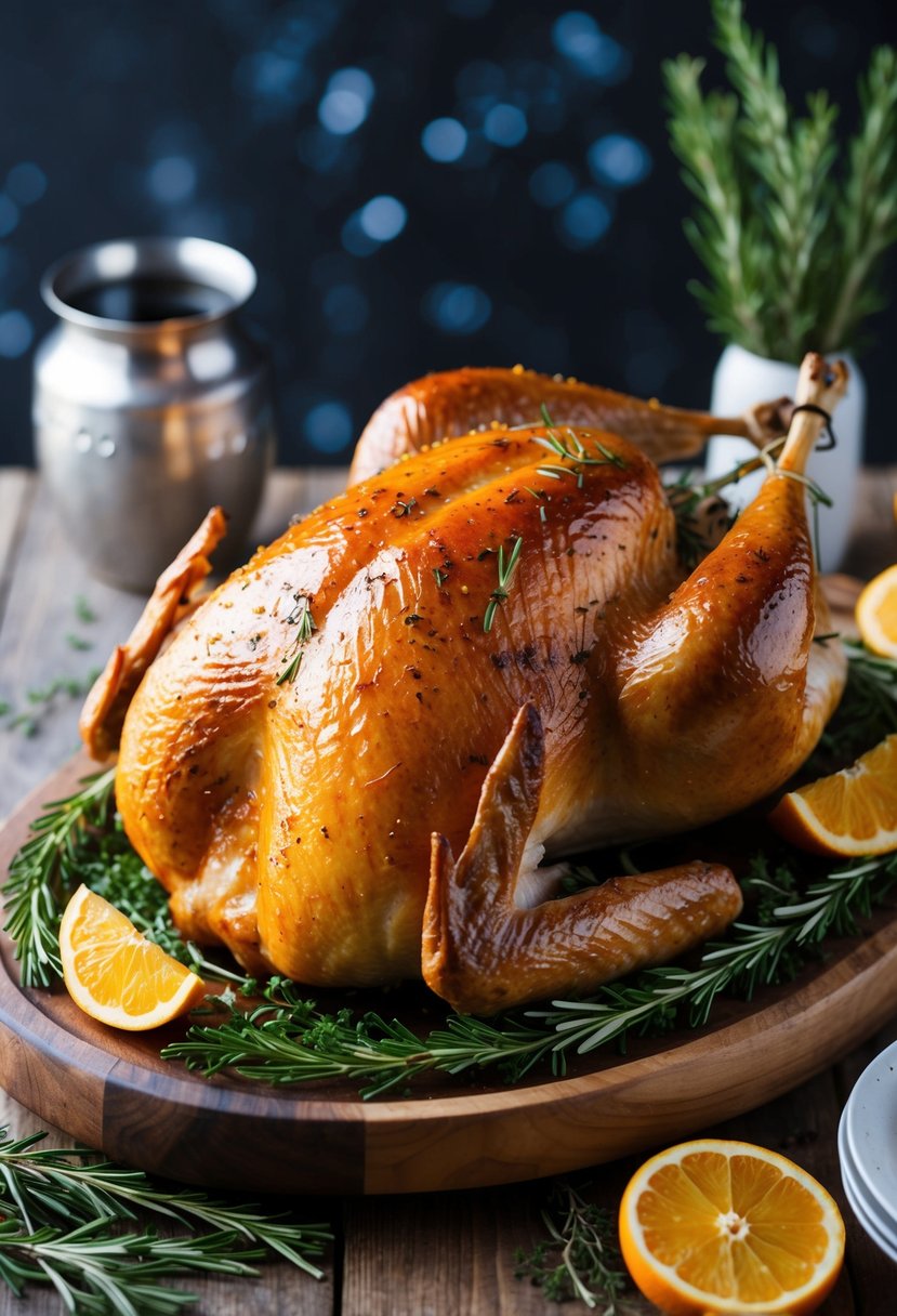 A golden-brown whole roast turkey, glazed with honey and sprinkled with fresh rosemary, sits on a rustic wooden platter surrounded by sprigs of herbs and slices of citrus