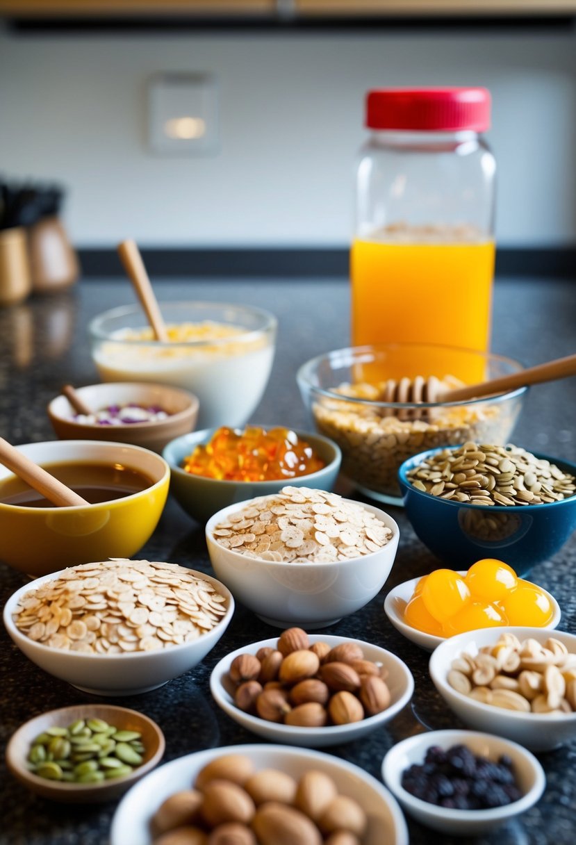 A colorful array of ingredients - oats, honey, nuts, and seeds - arranged on a kitchen counter, ready to be mixed into energy bites