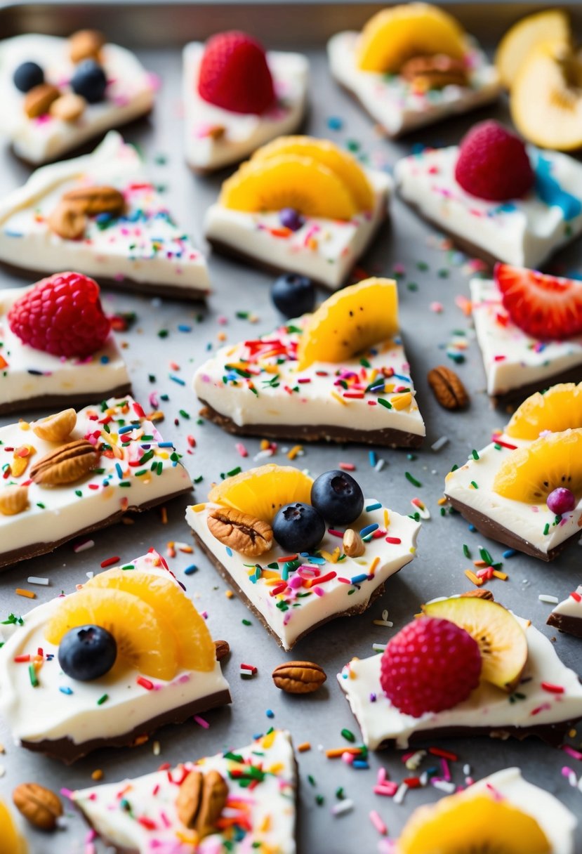 A colorful array of frozen yogurt bark pieces arranged on a tray, topped with various fruits, nuts, and sprinkles, ready to be enjoyed by special education students