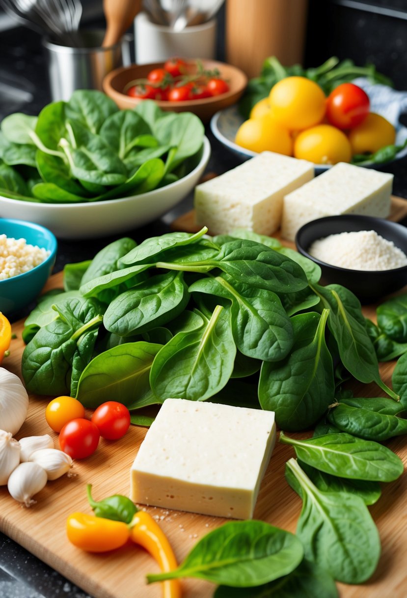 A colorful array of fresh spinach leaves and blocks of soft tofu arranged on a kitchen counter, surrounded by a variety of cooking utensils and ingredients