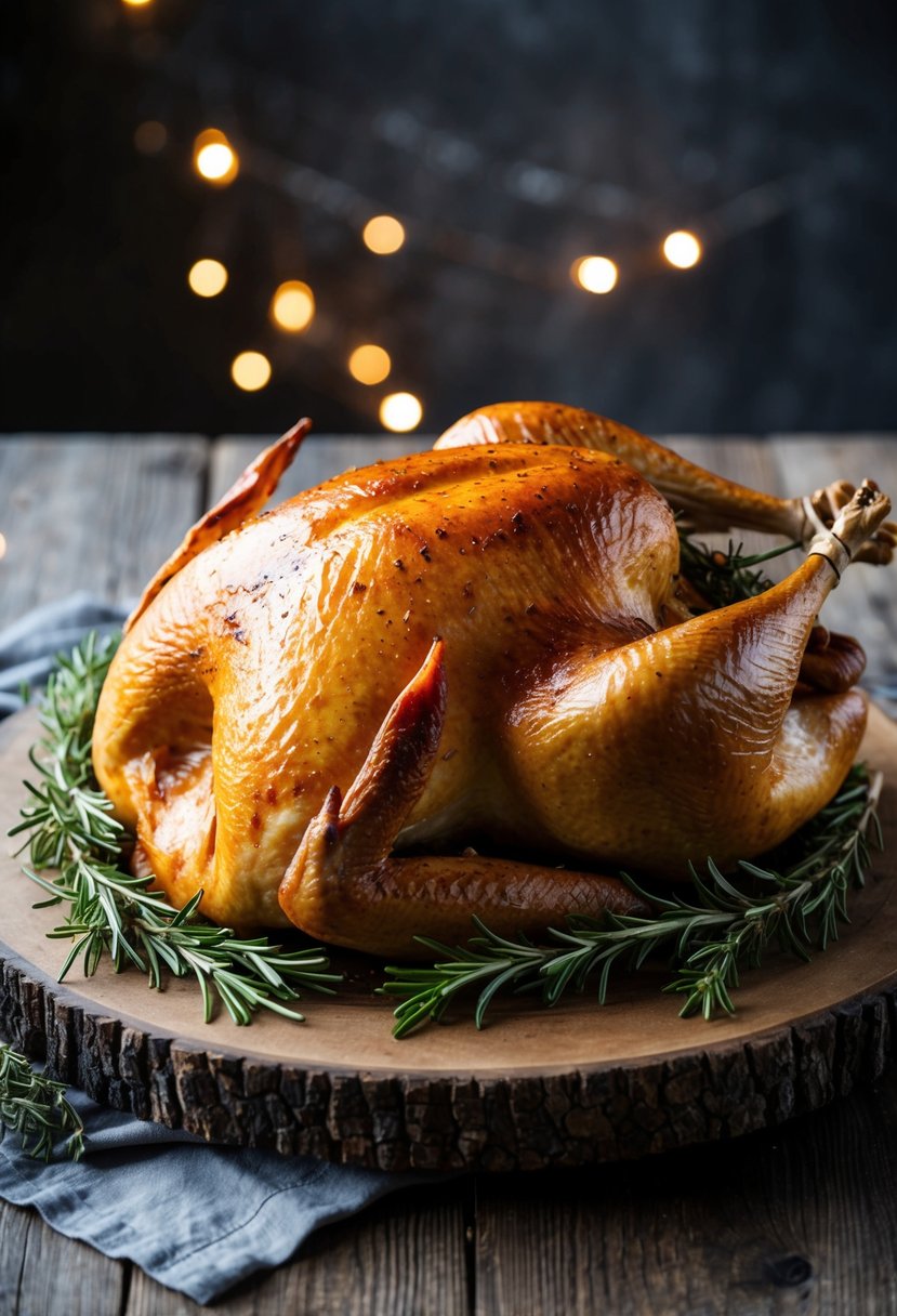 A golden-brown roasted turkey, infused with the rich aroma of spiced bourbon, sits on a rustic wooden platter surrounded by sprigs of fresh rosemary and thyme