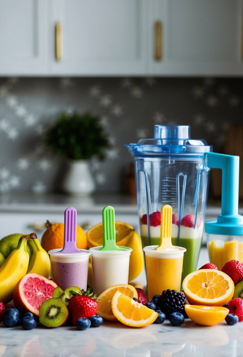 A variety of colorful fruits and yogurt arranged with popsicle molds and a blender on a kitchen counter