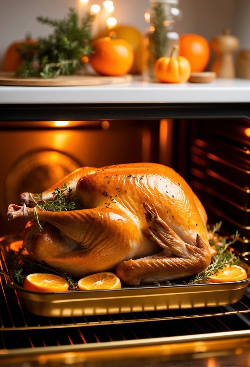 An orange and thyme turkey roasting in a golden oven