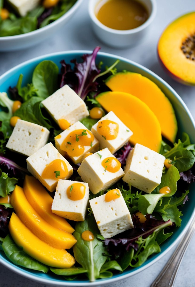 A colorful salad bowl with cubes of soft tofu, ripe mango slices, and vibrant mixed greens, drizzled with a tangy vinaigrette