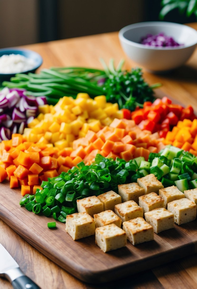 A colorful array of diced vegetables and cubes of baked tofu arranged on a wooden cutting board