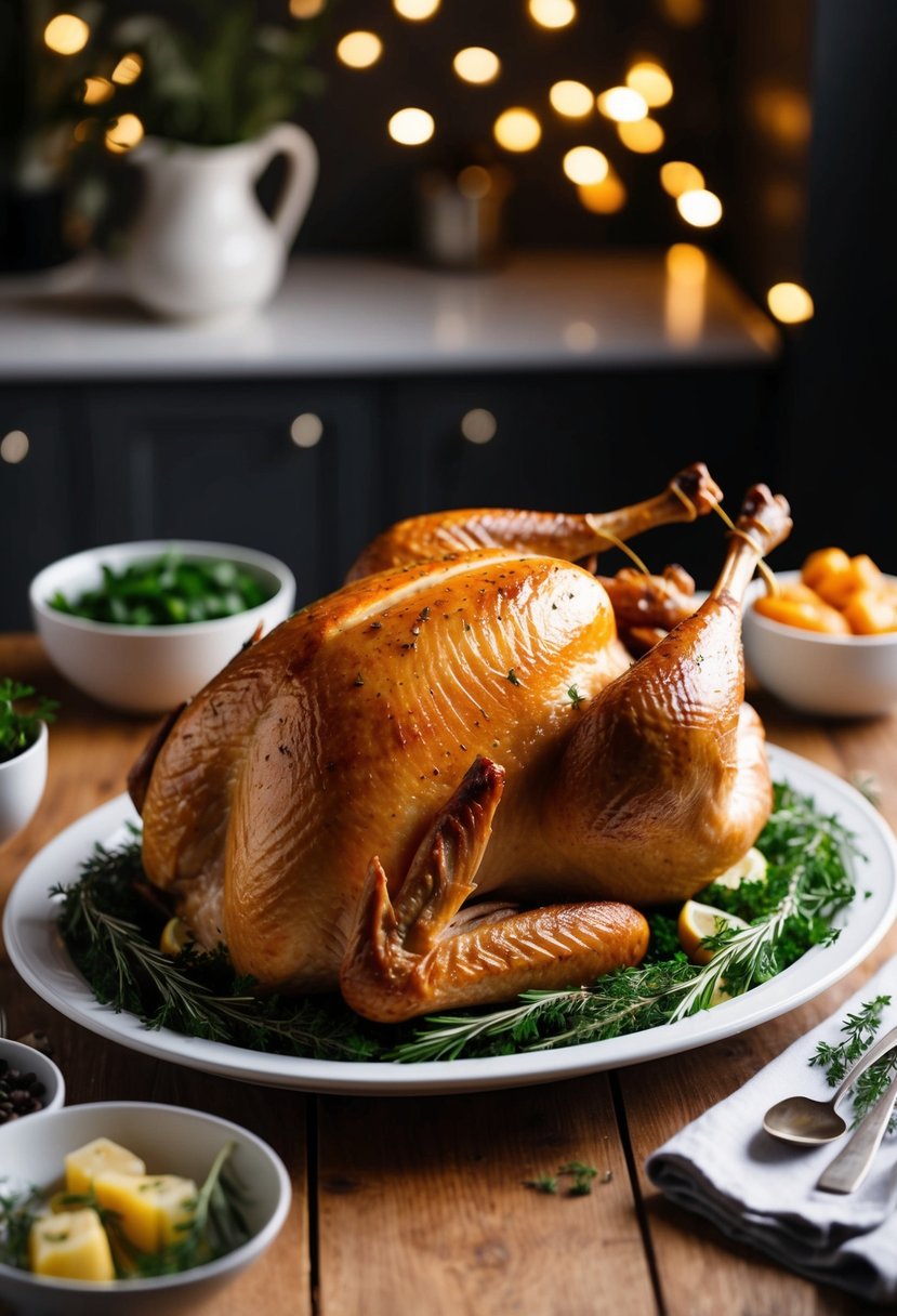 A golden-brown roast turkey sits on a platter surrounded by herbs and garnishes