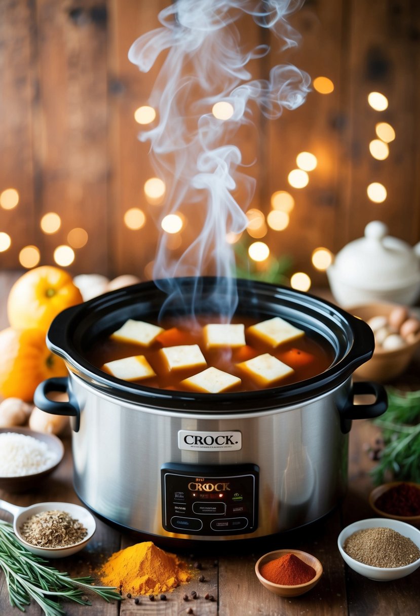 A crock pot filled with steaming hot drink surrounded by various ingredients and spices