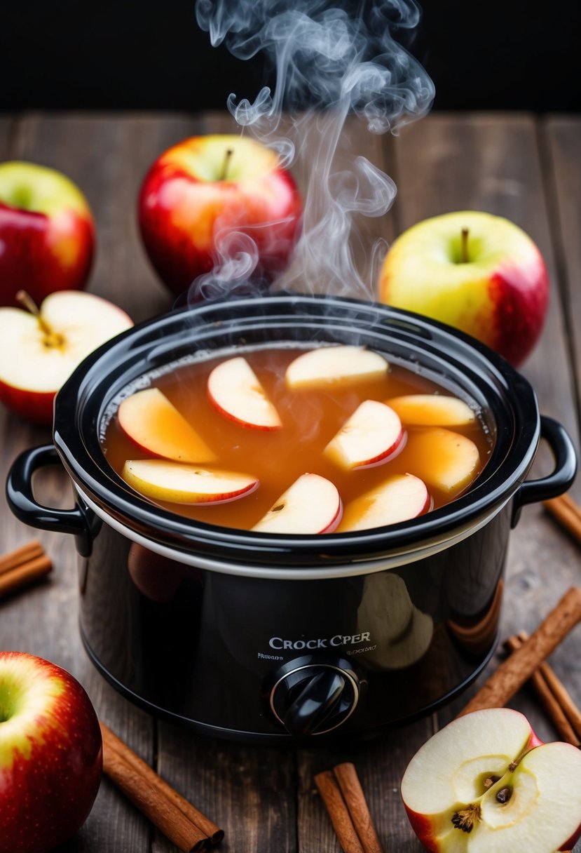 A steaming crock pot of hot apple cider surrounded by cinnamon sticks and sliced apples