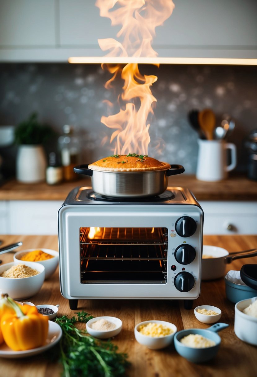 A mini oven surrounded by various ingredients and utensils, with a freshly baked dish emerging from the oven