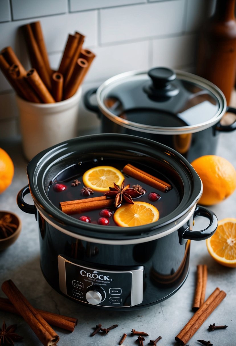 A cozy kitchen with a simmering crock pot filled with aromatic mulled wine ingredients, surrounded by cinnamon sticks, cloves, and citrus fruits