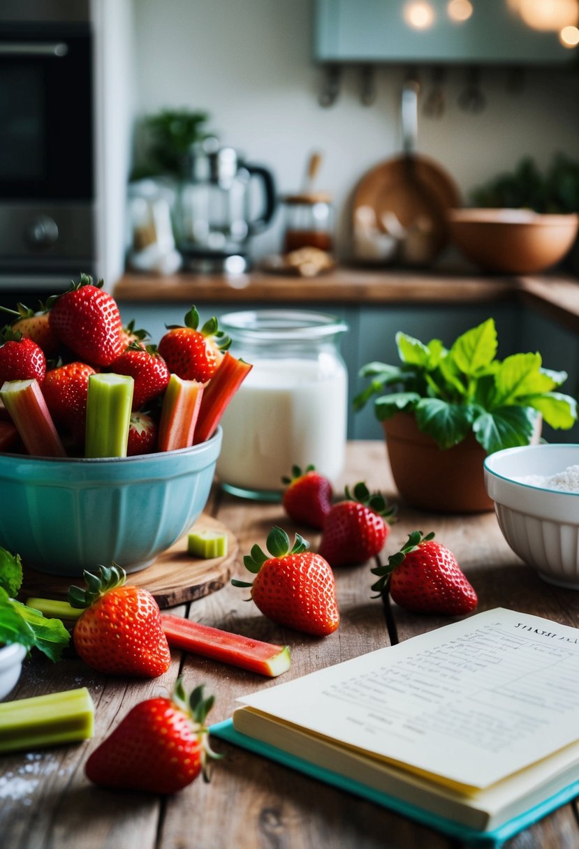 A rustic kitchen with fresh strawberries and rhubarb on a wooden table, surrounded by baking ingredients and a recipe book