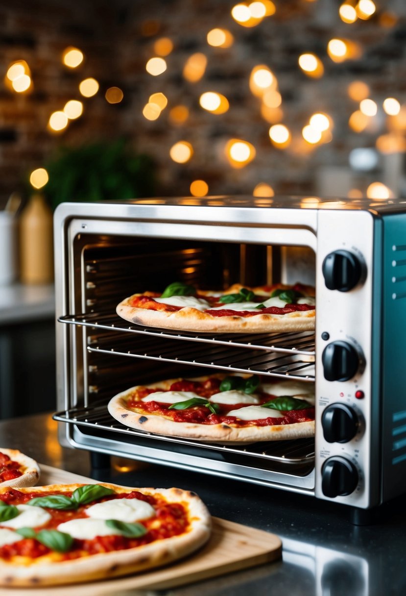 A mini oven with trays of freshly baked Margherita pizzas