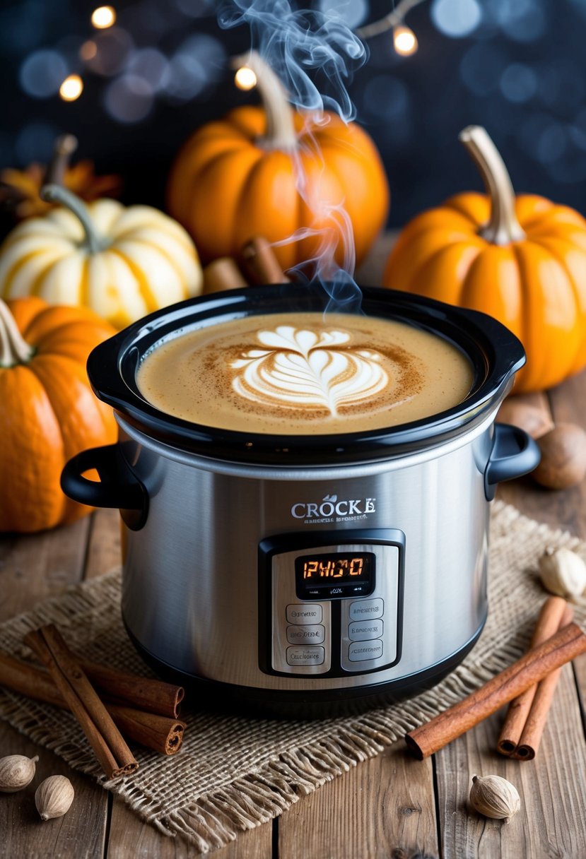 A crock pot filled with steaming pumpkin spice latte, surrounded by cinnamon sticks and whole nutmeg, with a cozy fall backdrop