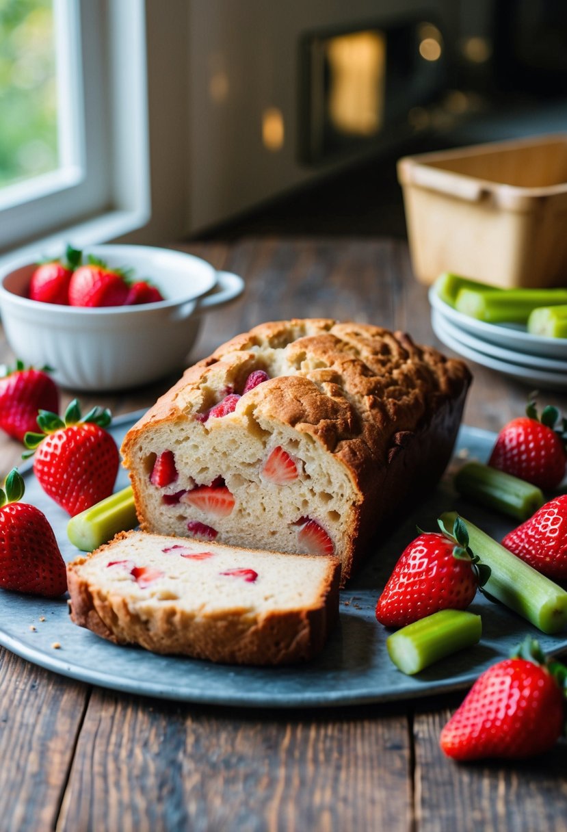 A rustic kitchen table with a loaf of strawberry rhubarb bread surrounded by fresh strawberries and rhubarb