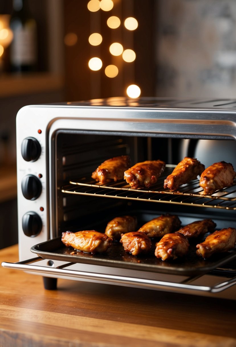 A tray of sizzling BBQ chicken wings in a mini oven