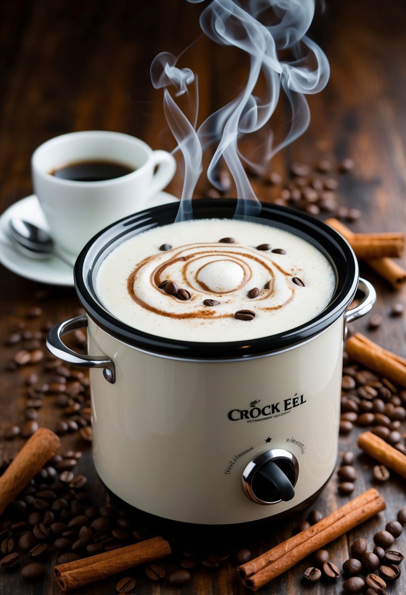 A crock pot filled with steaming white chocolate mocha, surrounded by scattered coffee beans and cinnamon sticks