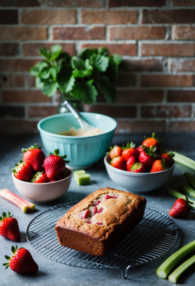 A rustic kitchen counter with fresh strawberries and rhubarb, a mixing bowl, and a loaf of vegan strawberry rhubarb bread cooling on a wire rack