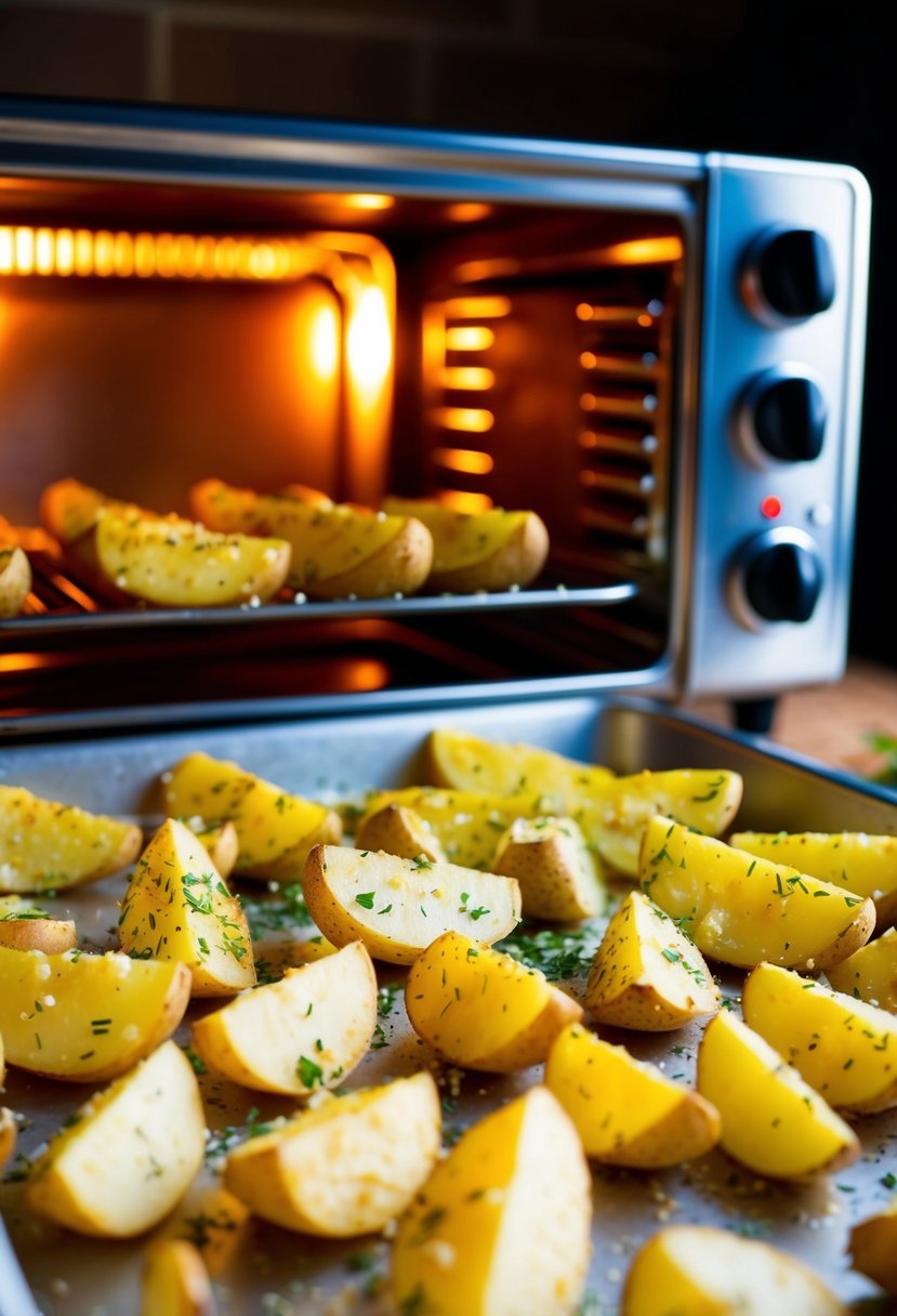 Golden potato wedges sprinkled with herbs and garlic, arranged on a baking tray. Mini oven glowing in the background