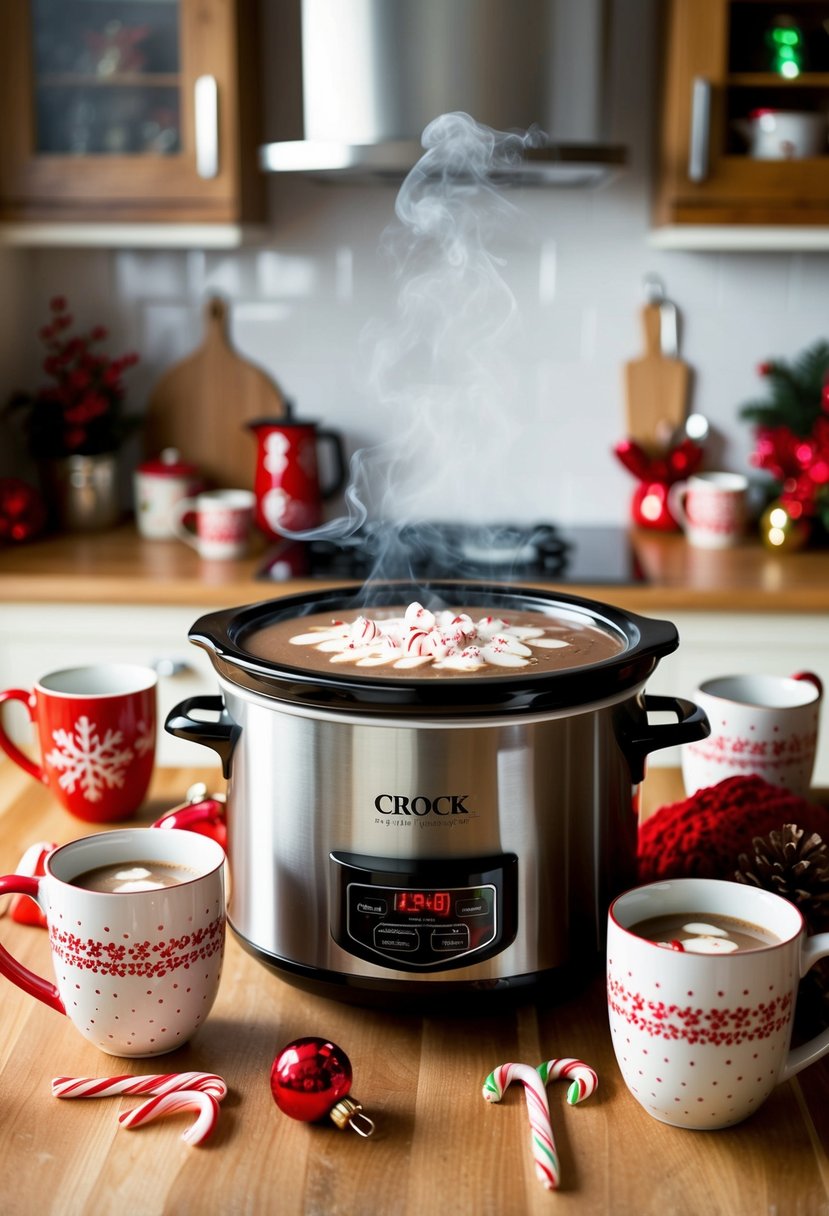 A cozy kitchen with a steaming crock pot filled with peppermint mocha drink, surrounded by festive mugs and holiday decorations