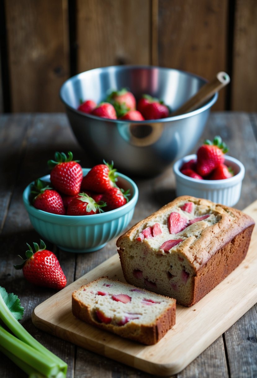 A rustic kitchen scene with fresh strawberries and rhubarb, a mixing bowl, and a loaf of gluten-free strawberry rhubarb bread on a wooden cutting board