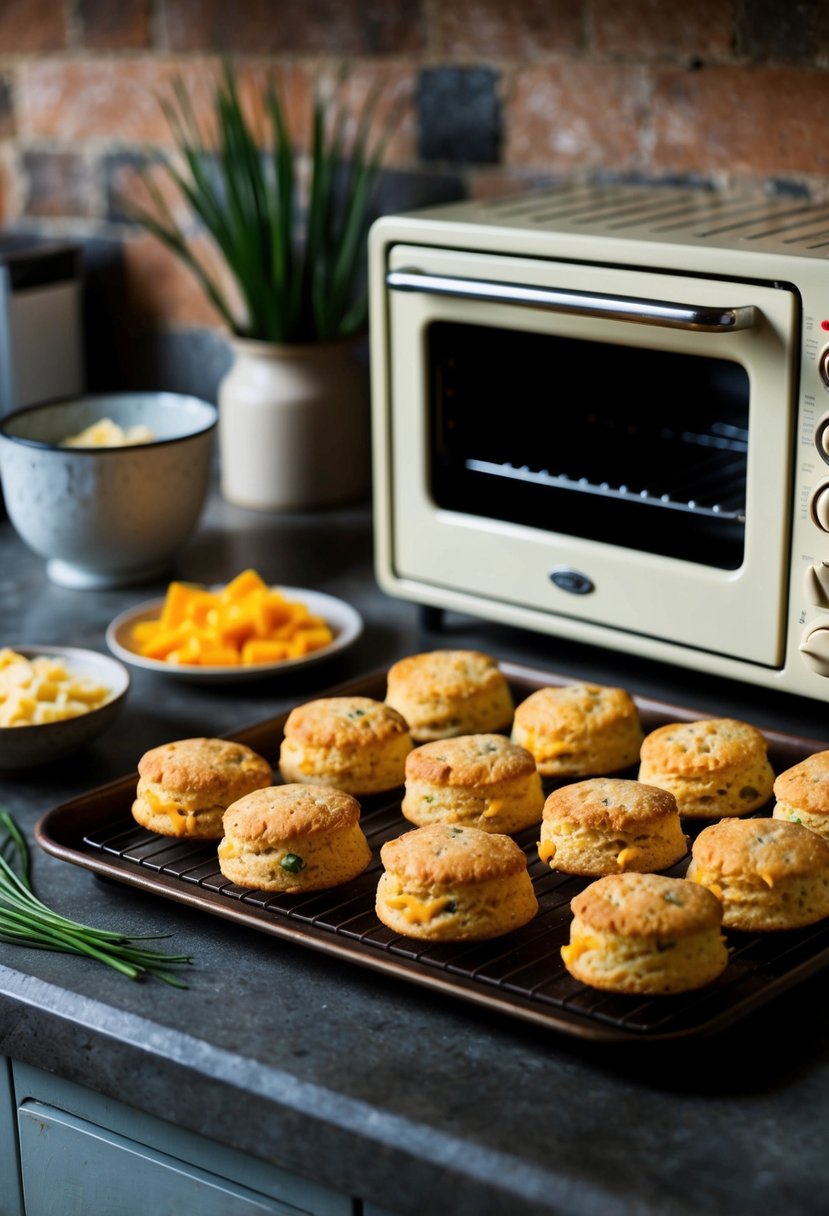 A rustic kitchen counter with a tray of golden Cheddar and Chive Scones cooling next to a vintage mini oven