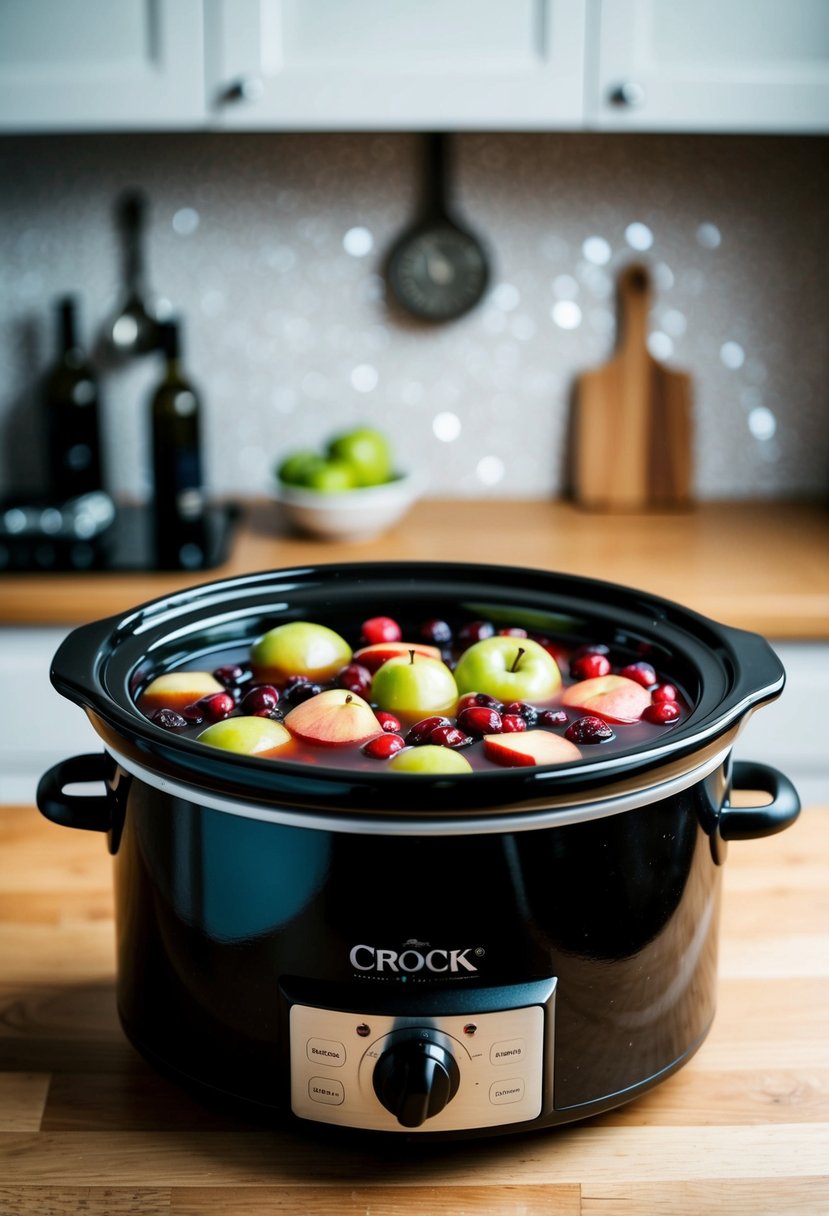 A crock pot filled with cranberries, apples, and wine, simmering on a kitchen counter